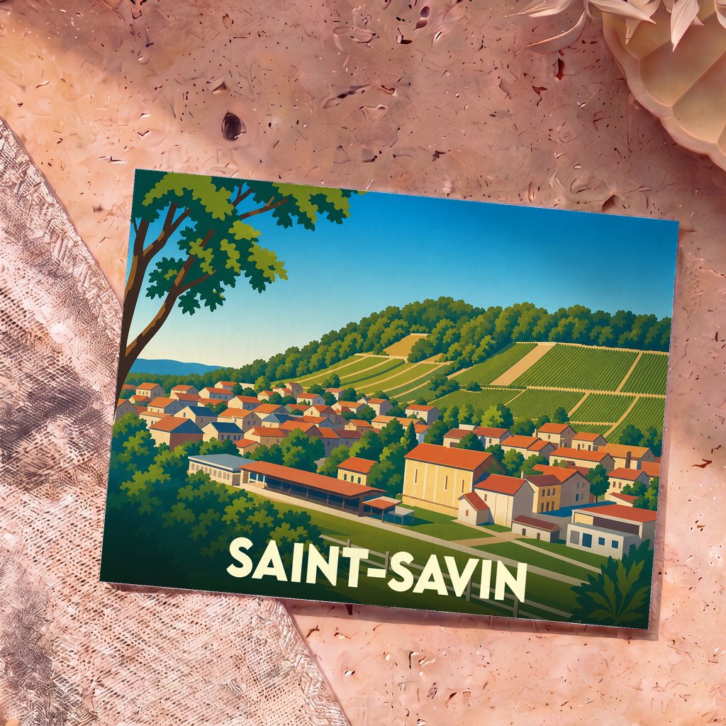 Carte postale souvenir de la ville de Saint-Savin avec une illustration stylisée de son paysage vallonné et ses toits en tuiles.