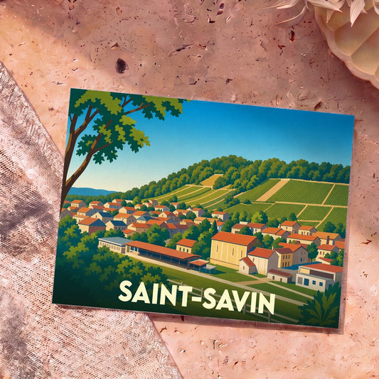 Carte postale souvenir de la ville de Saint-Savin avec une illustration stylisée de son paysage vallonné.