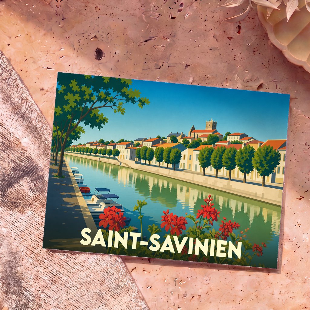 Carte postale souvenir de la ville de Saint-Savinien avec une illustration stylisée et colorée de ses quais.