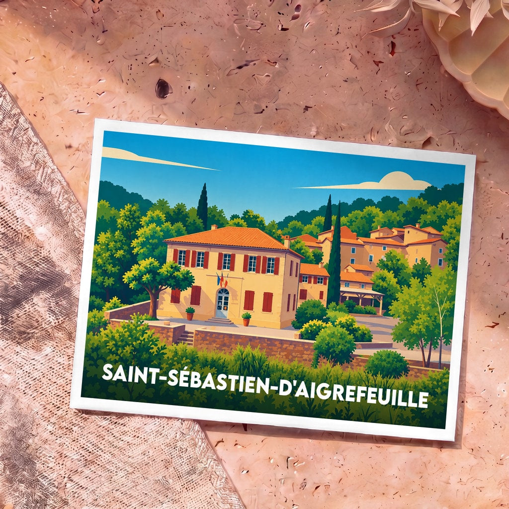 Carte postale souvenir de la ville de Saint-Sébastien-d'Aigrefeuille avec une illustration stylisée d'un village provençal.