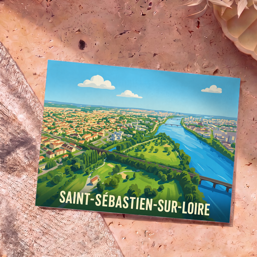 Carte postale souvenir de la ville de Saint-Sébastien-sur-Loire avec une illustration stylisée vue du ciel.