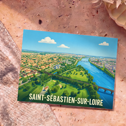 Carte postale souvenir de la ville de Saint-Sébastien-sur-Loire avec une illustration stylisée vue du ciel.