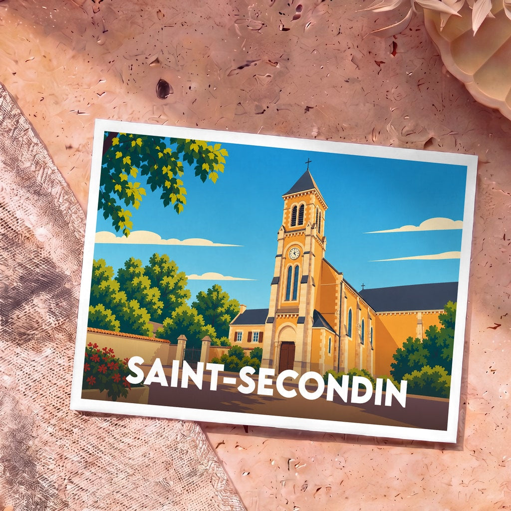 Carte postale souvenir de la ville de Saint-Secondin avec une illustration stylisée de son église.
