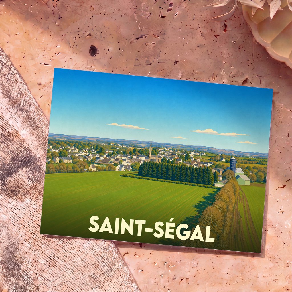 Carte postale souvenir de Saint-Ségal illustrant le village et ses paysages verdoyants dans un style graphique épuré.