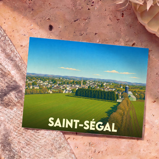 Carte postale souvenir de Saint-Ségal illustrant le village et ses paysages verdoyants dans un style graphique épuré.