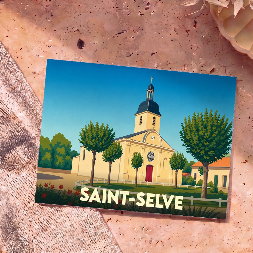 Carte postale souvenir de la ville de Saint-Selve illustrant son église dans un style graphique et épuré.