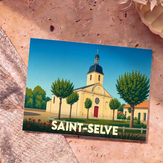 Carte postale souvenir de la ville de Saint-Selve avec une illustration stylisée de son église.