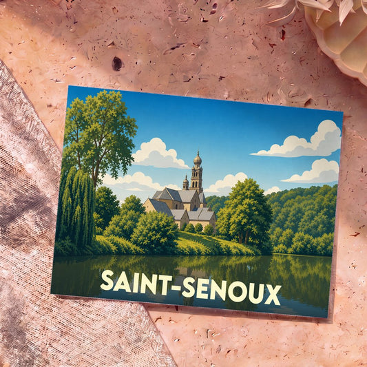 Carte postale souvenir de la ville de Saint-Senoux avec une illustration stylisée d'une église au bord de l'eau.