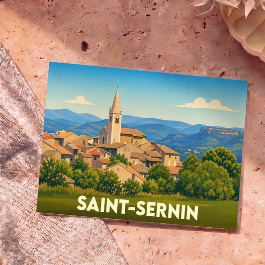 Carte postale souvenir de la ville de Saint-Sernin avec une illustration stylisée de son clocher et de ses paysages vallonnés.