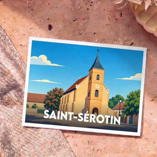 Carte postale souvenir de la ville de Saint-Sérotin avec une illustration stylisée de son église sous un ciel bleu.