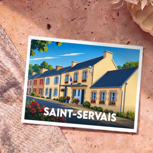 Carte postale souvenir de la ville de Saint-Servais avec une illustration colorée et stylisée d'une rue typique.