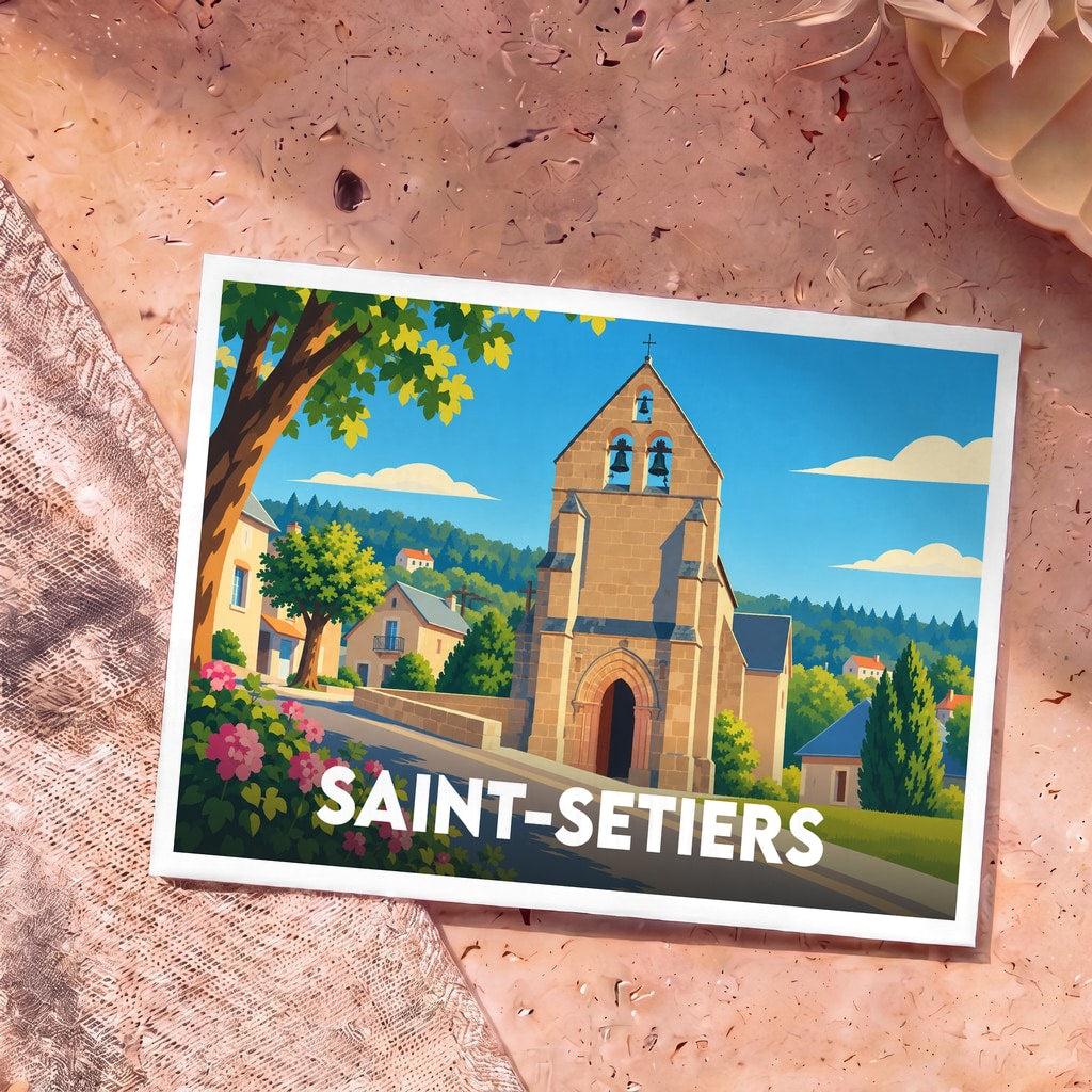 Carte postale souvenir de la ville de Saint-Setiers illustrant son église et ses paysages verdoyants dans un style graphique épuré.