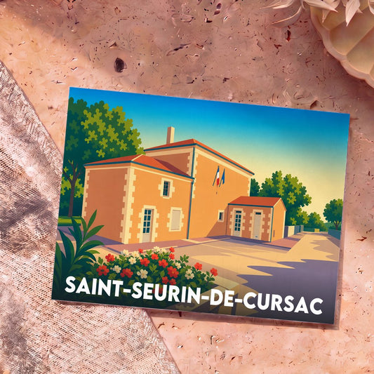Carte postale souvenir de Saint-Seurin-de-Cursac présentant une illustration stylisée de la mairie sous un ciel azuré.