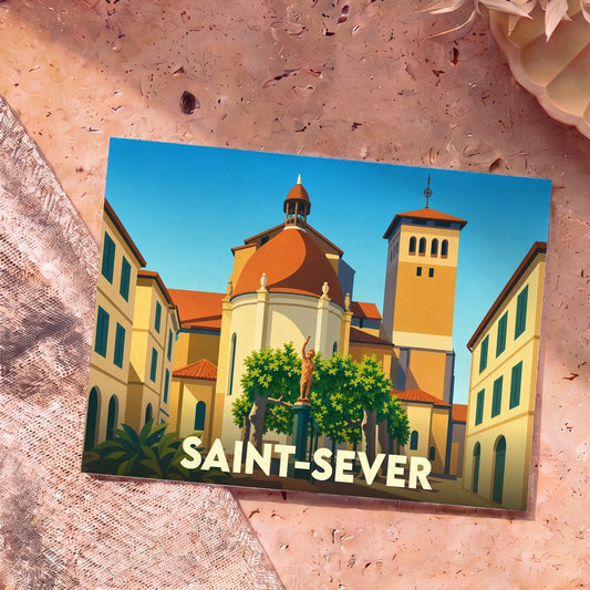 Carte postale souvenir de la ville de Saint-Sever avec une illustration stylisée et colorée de son architecture.