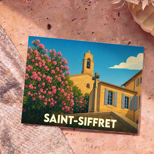 Carte postale souvenir de la ville de Saint-Siffret avec une illustration stylisée de son église et de lauriers-roses.