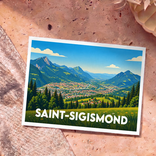 Carte postale souvenir de Saint-Sigismond illustrant une vue panoramique stylisée de la vallée et des montagnes environnantes.