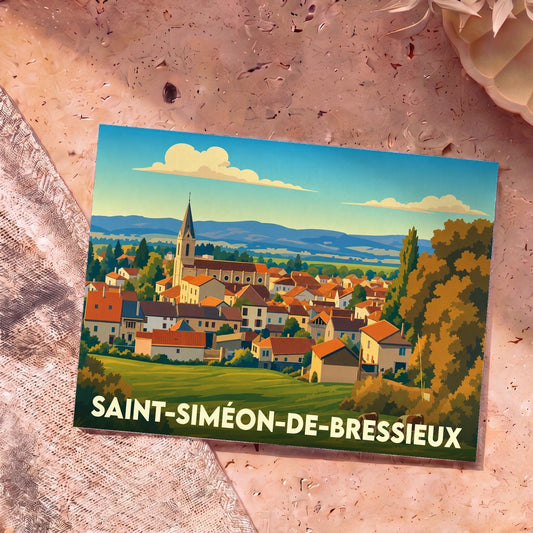 Carte postale souvenir de Saint-Siméon-de-Bressieux arborant une illustration stylisée et colorée du village.