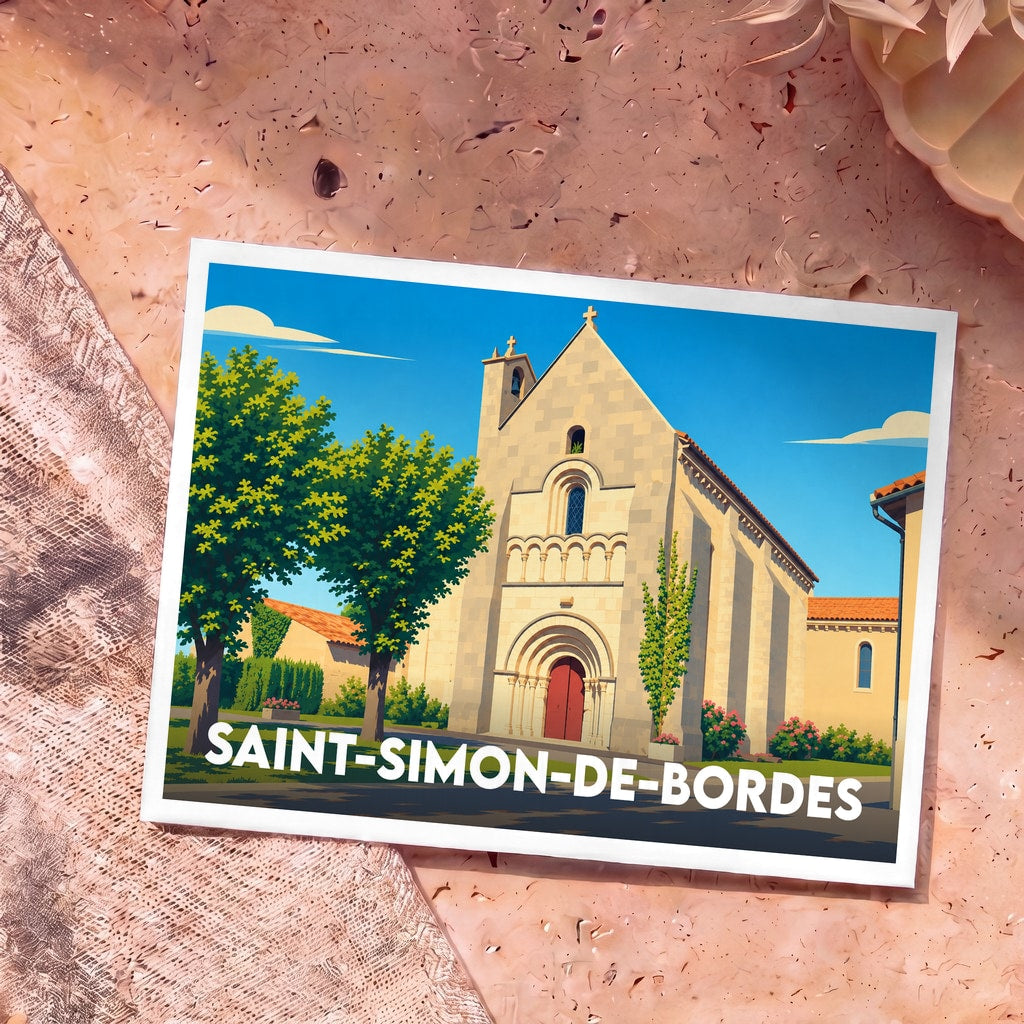 Carte postale souvenir de la commune de Saint-Simon-de-Bordes avec une illustration stylisée de son église romane.