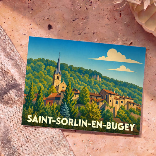 Carte postale souvenir de la ville de Saint-Sorlin-en-Bugey avec une illustration stylisée.