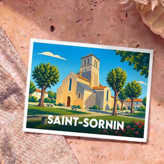 Carte postale souvenir de la ville de Saint-Sornin avec une illustration stylisée de son église.