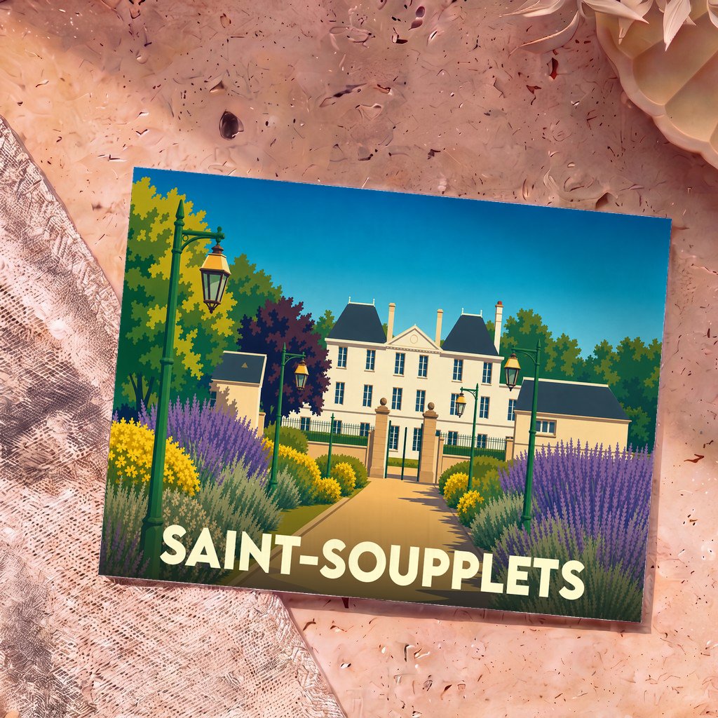 Carte postale souvenir de la ville de Saint-Soupplets avec une illustration stylisée de son château et de ses jardins.