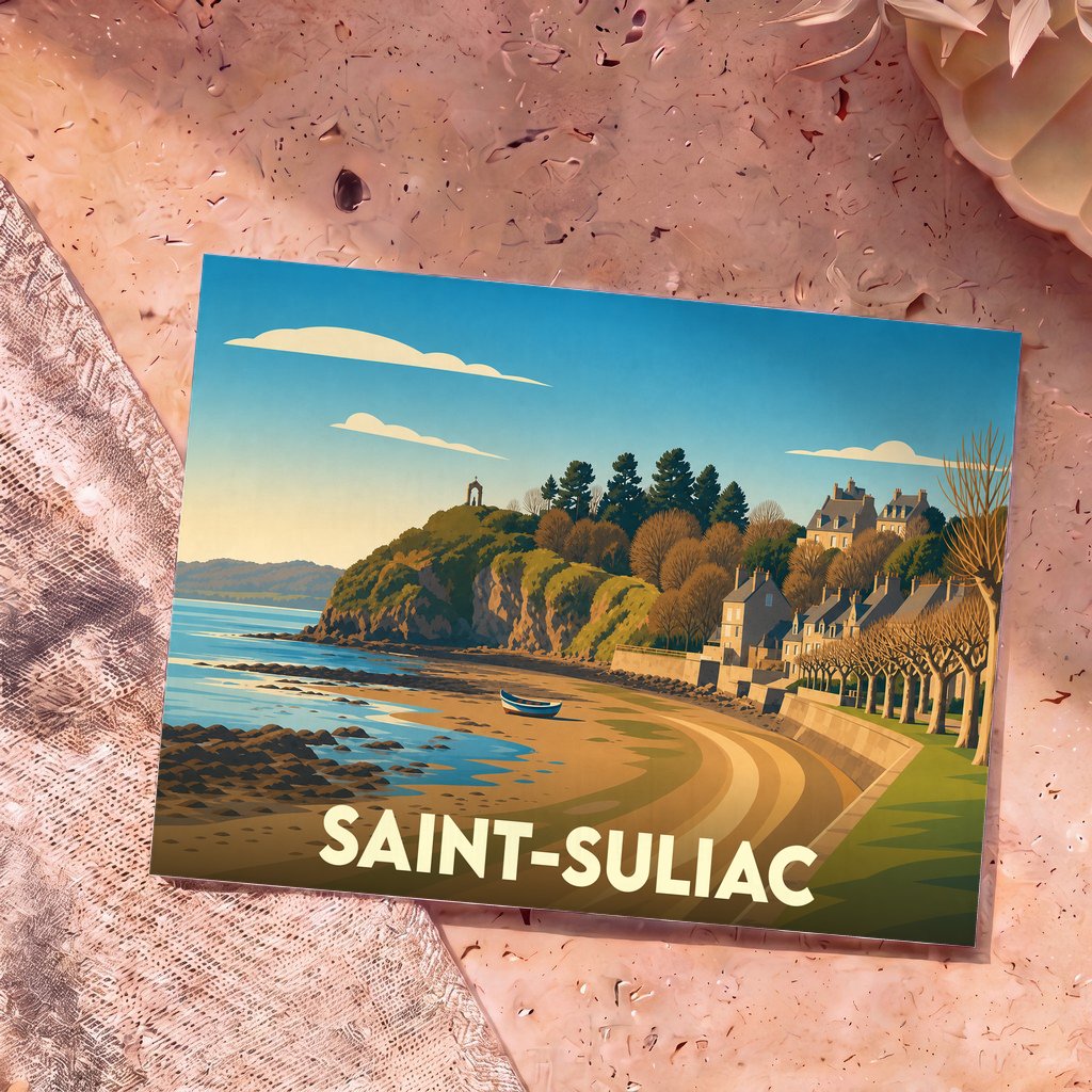 Carte postale souvenir de la ville de Saint-Suliac avec une illustration stylisée de sa côte et de son village.