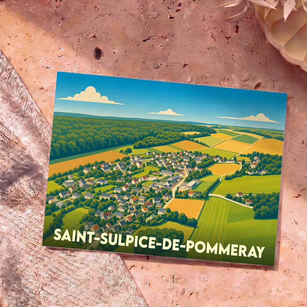 Carte postale souvenir de la ville de Saint-Sulpice-de-Pommeray avec une illustration vue du ciel du village et de sa campagne.