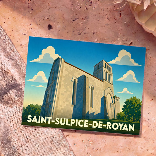 Carte postale souvenir de Saint-Sulpice-de-Royan illustrant son église dans un style graphique épuré.