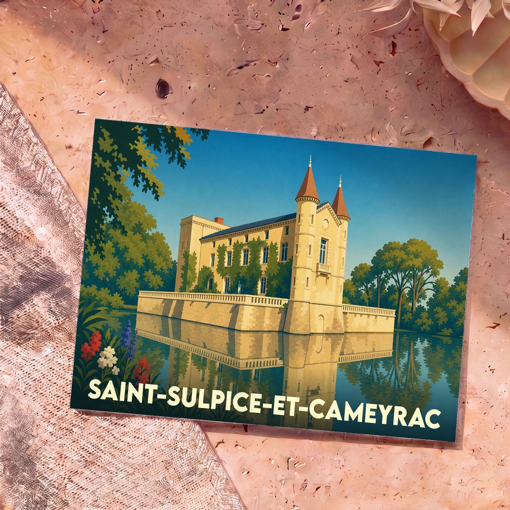 Carte postale souvenir de la ville de Saint-Sulpice-et-Cameyrac avec une illustration stylisée d'un château au bord de l'eau.