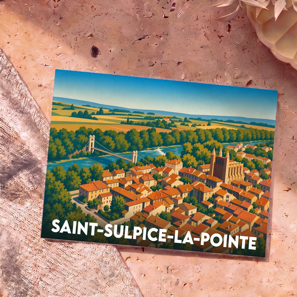 Carte postale souvenir de Saint-Sulpice-la-Pointe présentant une illustration stylisée du pont suspendu et de l'église surplombant l'Agout.