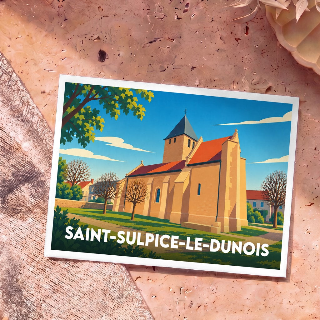 Carte postale souvenir de Saint-Sulpice-le-Dunois avec une illustration stylisée de son église.
