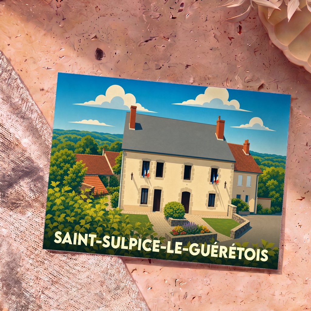 Carte postale souvenir de la ville de Saint-Sulpice-le-Guérétois avec une illustration stylisée.