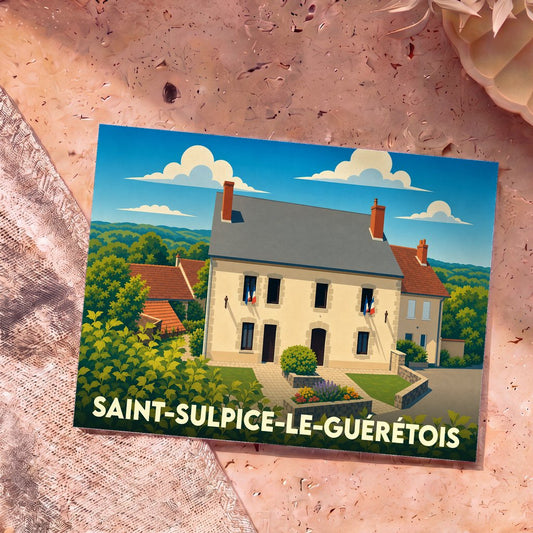 Carte postale souvenir de la ville de Saint-Sulpice-le-Guérétois avec une illustration stylisée.