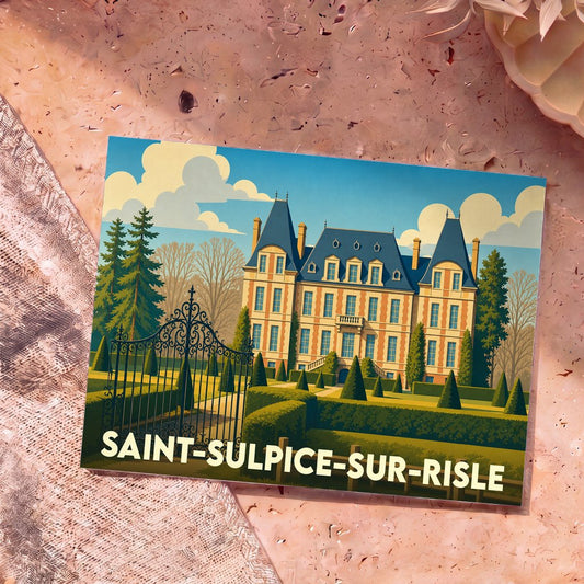 Carte postale souvenir de Saint-Sulpice-sur-Risle avec une illustration stylisée d'un château et de ses jardins.