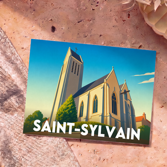 Carte postale souvenir de la ville de Saint-Sylvain avec une illustration stylisée de son église.