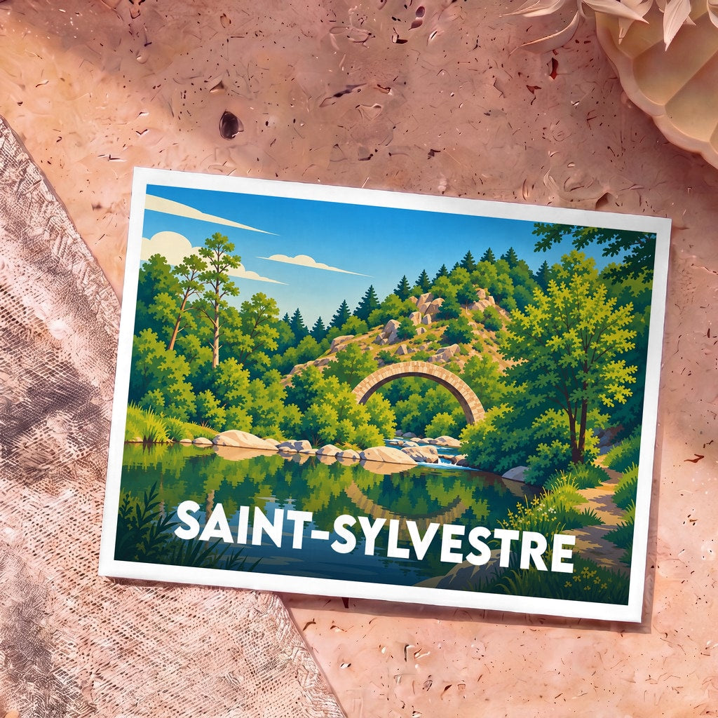 Carte postale souvenir de la ville de Saint-Sylvestre illustrée d'un pont en pierre surplombant une rivière dans un paysage boisé.