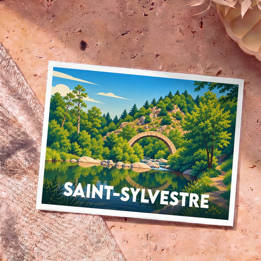 Carte postale souvenir de la ville de Saint-Sylvestre illustrée d'un pont en pierre surplombant une rivière dans un paysage boisé.