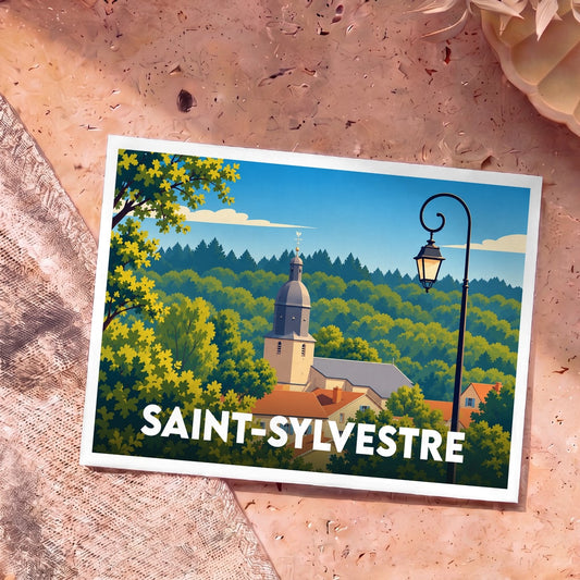 Carte postale souvenir de la ville de Saint-Sylvestre avec une illustration stylisée d'un clocher entouré de forêt.