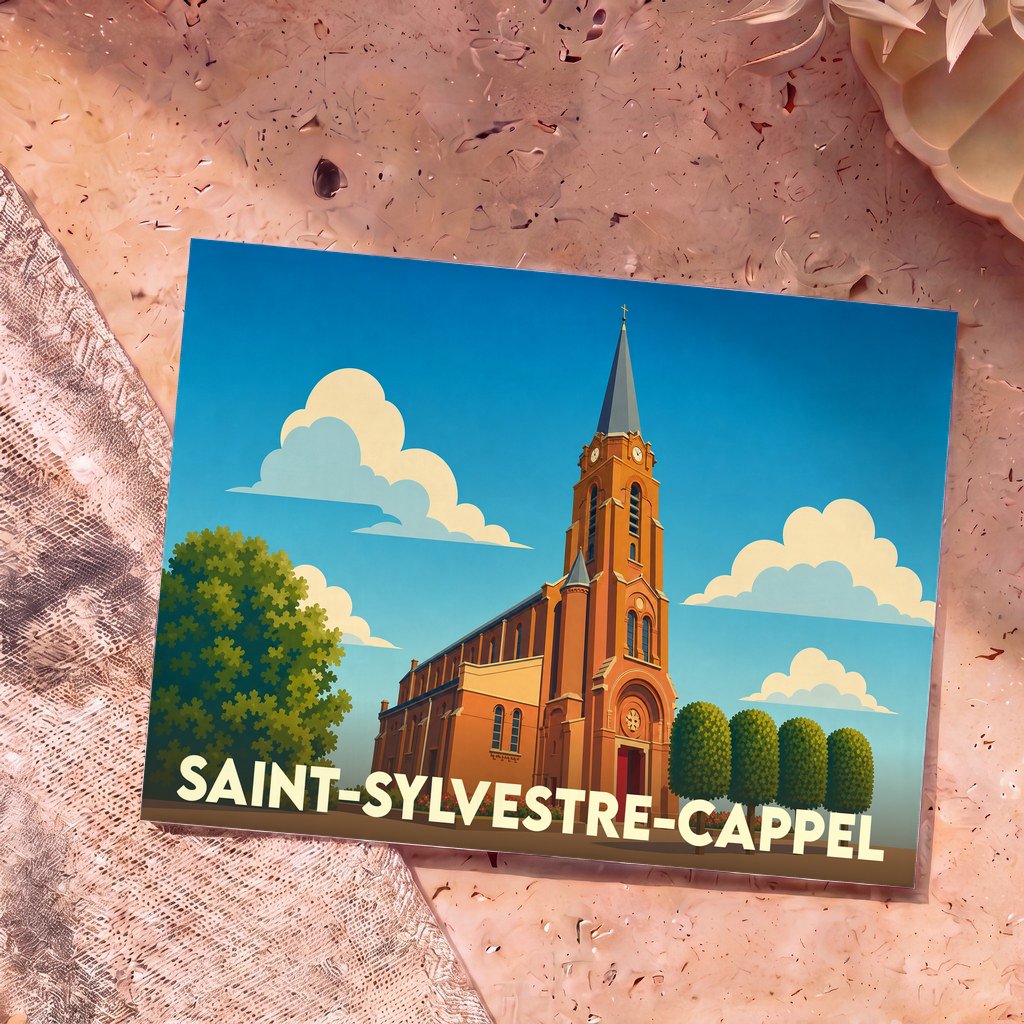 Carte postale souvenir de la ville de Saint-Sylvestre-Cappel illustrant son église dans un style graphique épuré.
