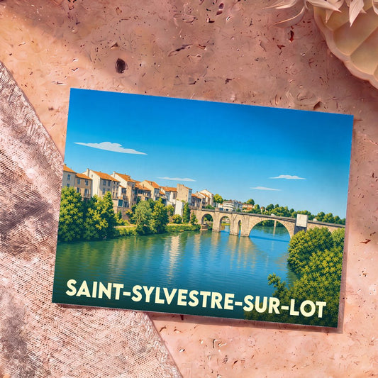 Carte postale souvenir de la ville de Saint-Sylvestre-sur-Lot avec une illustration stylisée d'un pont et des berges du Lot.