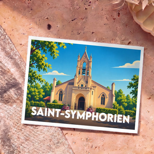 Carte postale souvenir de la ville de Saint-Symphorien avec une illustration stylisée de son église sous un ciel bleu.