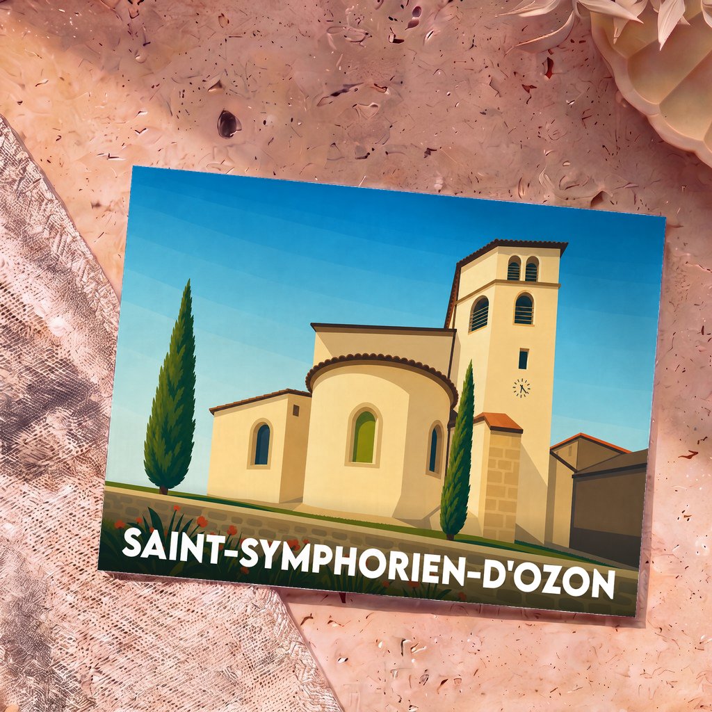 Carte postale souvenir de la ville de Saint-Symphorien-d'Ozon avec une illustration stylisée de son église.