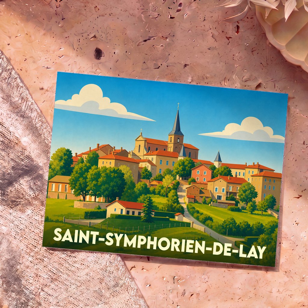 Carte postale souvenir de la ville de Saint-Symphorien-de-Lay avec une illustration stylisée du village.