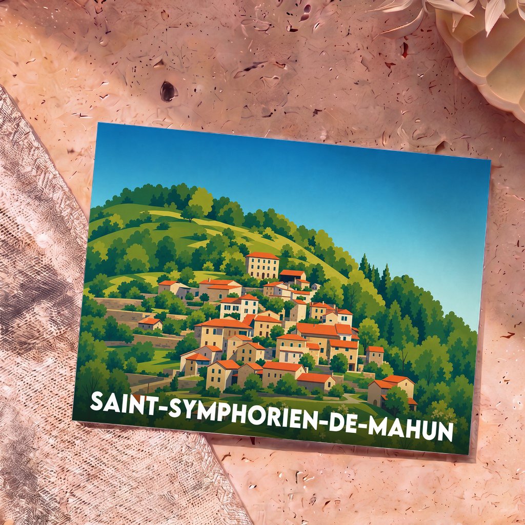 Carte postale souvenir de Saint-Symphorien-de-Mahun illustrant le village à flanc de colline dans un style graphique épuré.