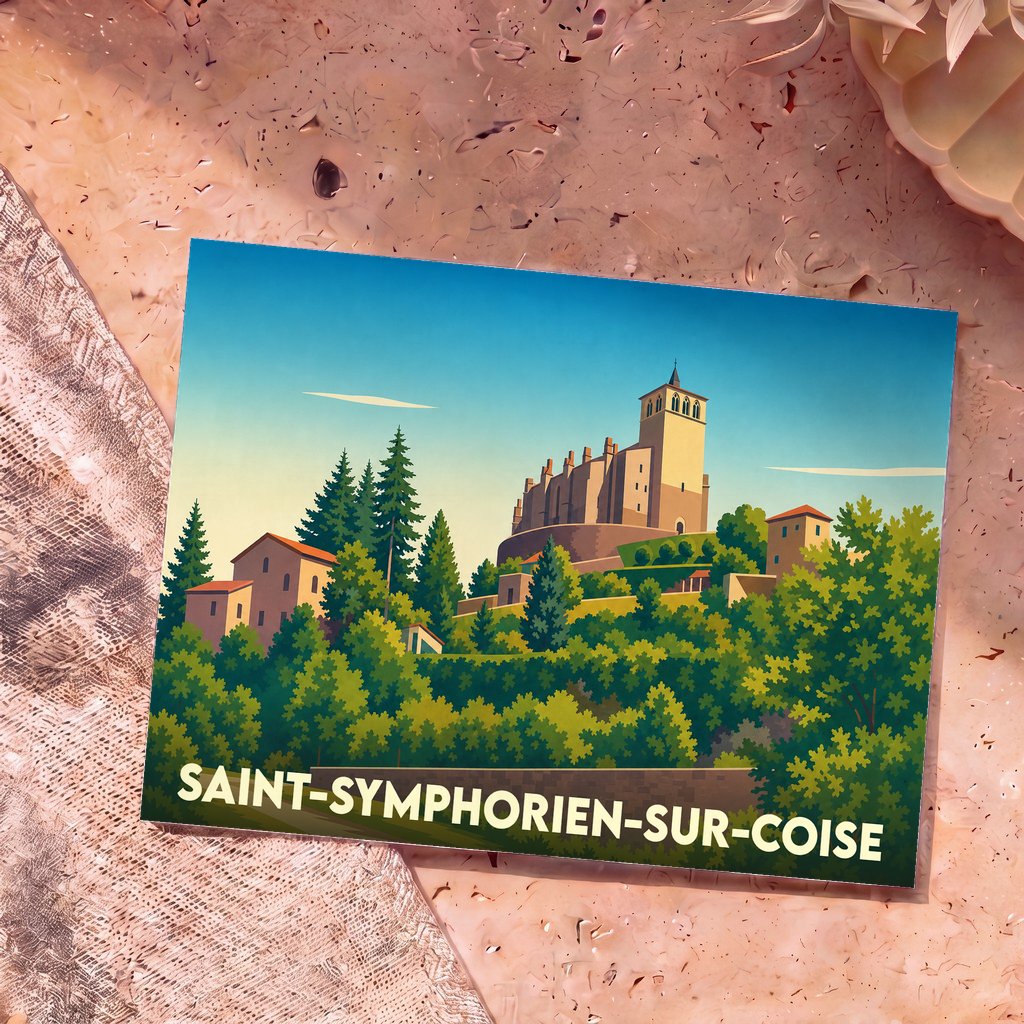 Carte postale souvenir de la ville de Saint-Symphorien-sur-Coise avec une illustration stylisée de son église collégiale surplombant le paysage.