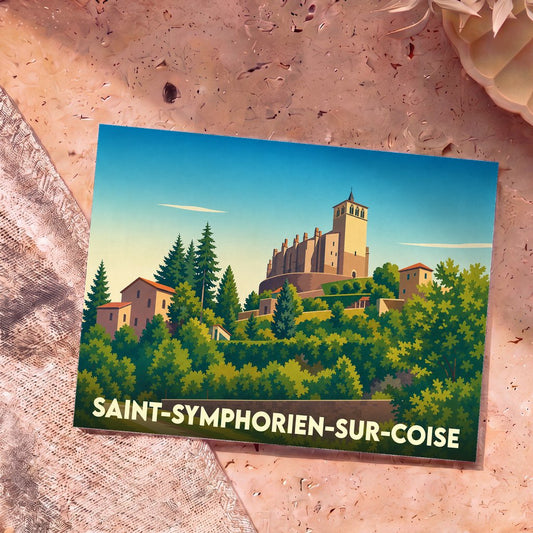 Carte postale souvenir de la ville de Saint-Symphorien-sur-Coise avec une illustration stylisée de son église collégiale surplombant le paysage.