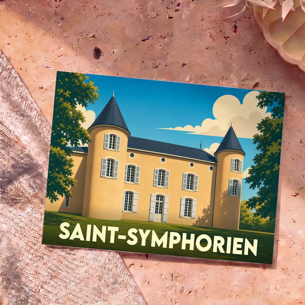 Carte postale souvenir de la ville de Saint-Symphorien avec une illustration stylisée de son château.