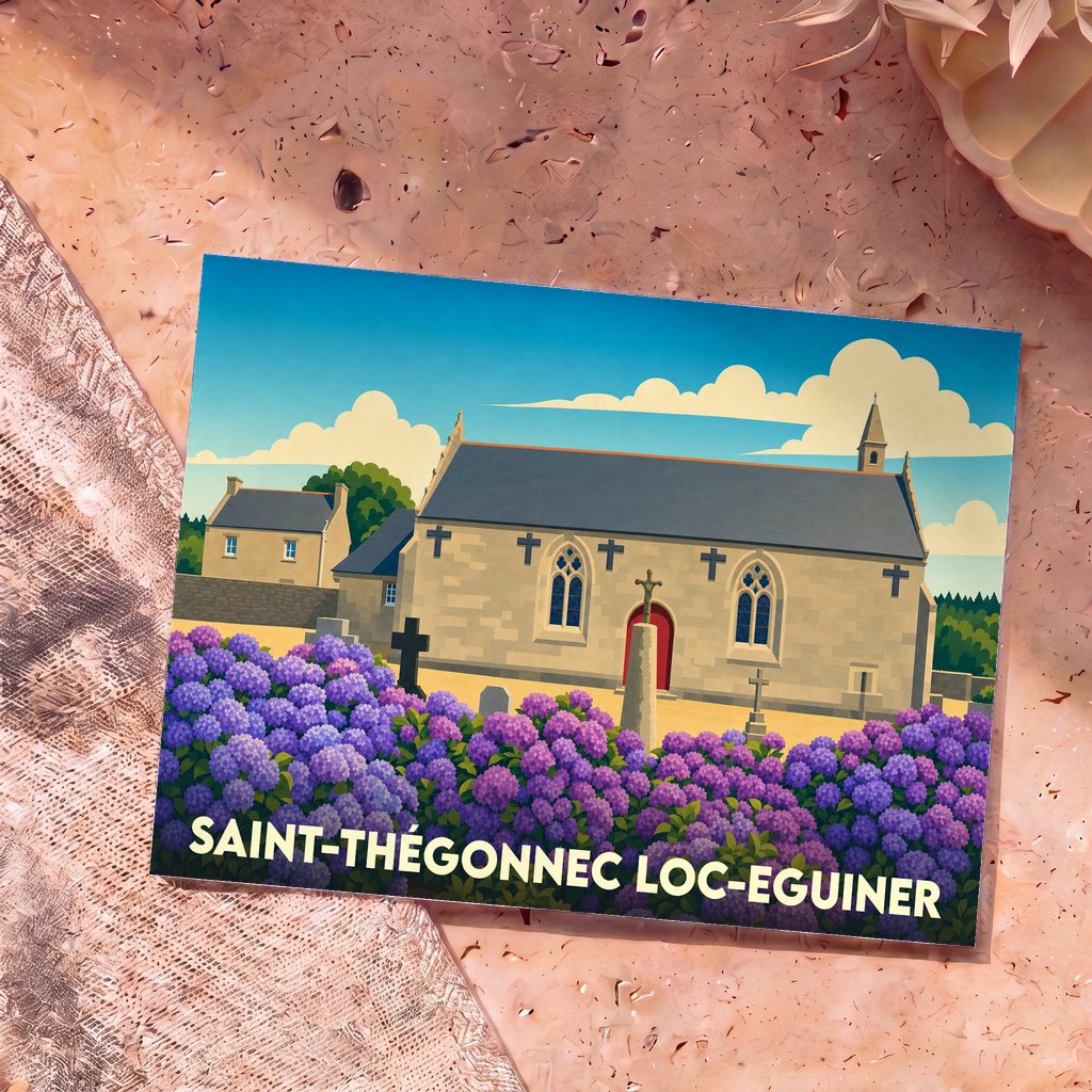 Carte postale souvenir de Saint-Thégonnec Loc-Eguiner avec une illustration stylisée de son église et de fleurs d'hortensias.