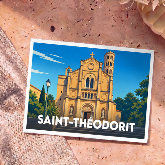 Carte postale souvenir de la ville de Saint-Théodorit avec une illustration stylisée de sa cathédrale.