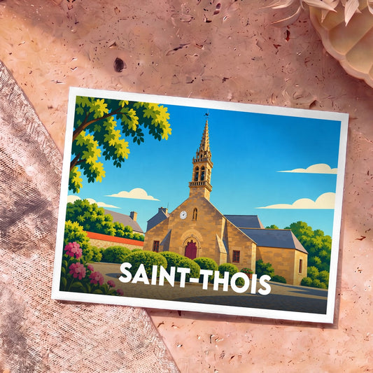 Carte postale souvenir de la ville de Saint-Thois représentant son église dans un style illustré et coloré.